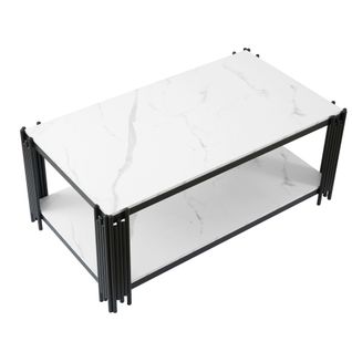 Table Basse Rectangulaire 114x63.5x46.3 Cm, 2 Étagères Rangement, Mdf Métal, Blanc+noir