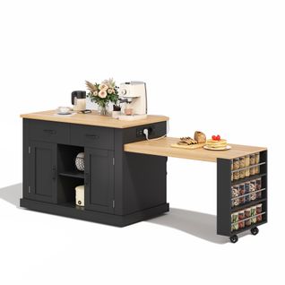 Îlot De Cuisine 235x 60 X 93 Cm, Table Extensible, 2 Tiroir, 2 Portes, Mdf, Noir+bois