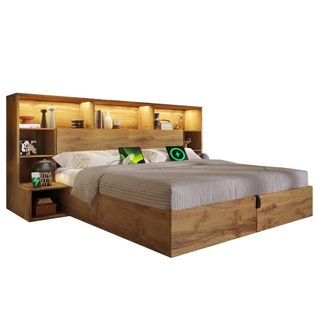 Lit Coffre 160x200 Cm, LED Et USB, Bois, Tête De Lit Avec Rangements, 2 Chevets, Couleur Bois
