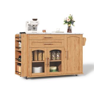 Îlot Central De Cuisine 120x45(70)x88.4 Cm, Plateau Rabattable, 2 Tiroirs, Mdf, Couleur Bois+blanc