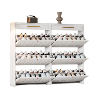 Lot De 2 Meuble à Chaussures 140x25x125 Cm, 12 Étagères Réglables, 2 Tiroirs, Mdf, Couleur Blanc