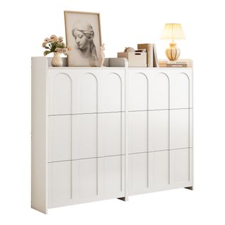 Lot De 2 Meuble à Chaussures 140x25x120 Cm, 6 Portes Abattantes, 12 Compartiments, Mdf, Blanc