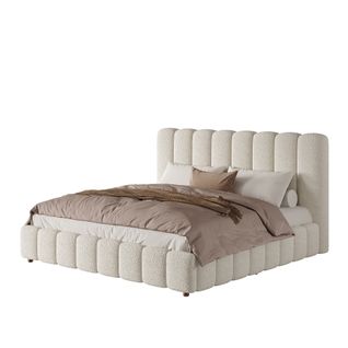 Lit Coffre 180x200 Cm, Rangement Caché, Tête De Lit, Tissu Bouclé, Pieds En Bois, Blanc