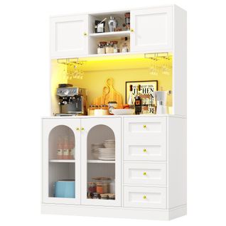 Buffet De Cuisine 120x40x188 Cm, 4 Portes Et 3 Tiroirs, 3 Niches, Éclairage LED, Mdf, Blanc