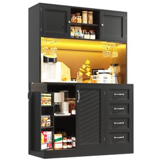 Buffet De Cuisine 120x40x188 Cm, Rangement Avec LED, 3 Niches, Mdf, Métal, Noir+argenté