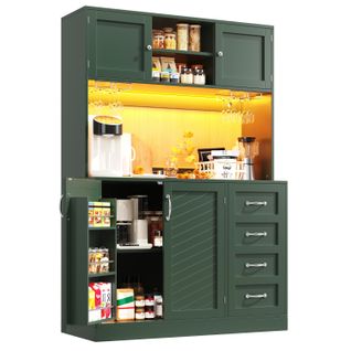 Buffet De Cuisine 120x40x188 Cm, Éclairage LED, 4 Portes, Mdf, Poignées Métal Argenté, Vert+bois