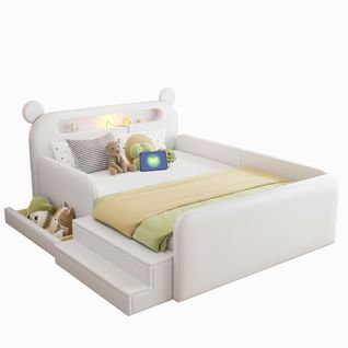 Lit Enfant 140x200 Cm, 1 Tiroir De Rangement Et Veilleuse USB, Simili Cuir, Couleur Blanc
