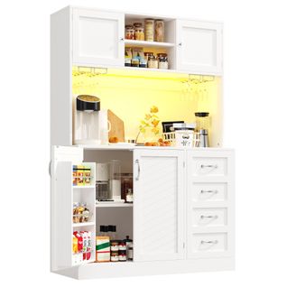 Buffet De Cuisine 120x40x188 Cm, Éclairage LED, 3 Niches, Rangement à 2 Niveaux, Mdf, Métal, Blanc