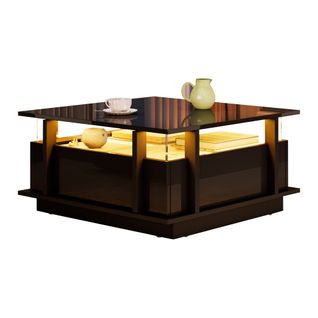 Table Basse Carrée 70x70x35 Cm, 2 Tiroirs Avec LED, Acrylique, Panneau De Particules, Noir