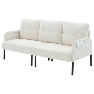 Canapé 3 Places 171x72x80 Cm, Assise Profonde Avec Poche Latérale, Velours Côtelé, Beige+noir