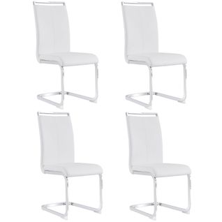 Lot De 4 Chaises De Salle à Manger, Piètement Métal Chromé, Assise Et Dossier Rembourrés, Blanc