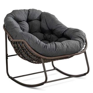 Fauteuil à Bascule En Rotin Tressé, Coussin Épais 15 Cm, Cadre Acier, Gris