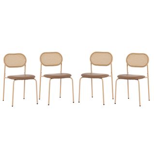 Lot De 4 Chaises De Salle à Manger, Dossier Ovale En Rotin Naturel, Assise En Pu, Pieds Métal, Brun