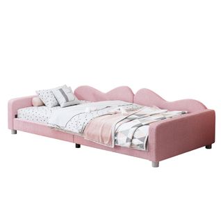 Lit Enfant 90x200 Cm, Transformable En Banquette, Avec Tête De Lit Et Lattes, En Tissu, Rose