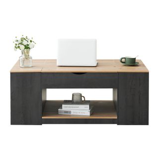 Table Basse Relevable Rectangulaire 109 Cm Avec Rangement, Gris Et Brun