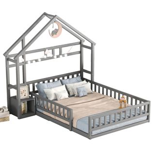 Lit Cabane Enfant 140x200 Cm, Avec Table De Chevet Et Tête De Lit, En Bois, Gris