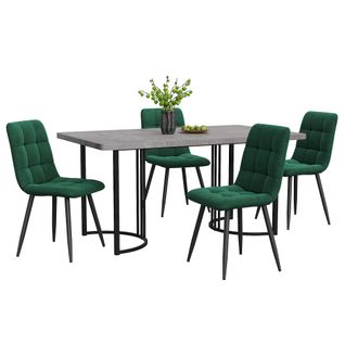 Ensemble Table Et Chaises, Table à Manger 140 Cm Avec Pieds Métal Gris Et 4 Chaises En Velours Vert