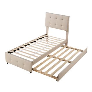 Lit Enfant 90x200 Cm, Lit Gigogne Et Tête De Lit Réglable, Avec Sommier à Lattes, En Lin, Beige