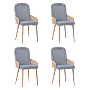 Lot De 4 Chaises De Salle à Manger, Velours, Dossier En Rotin, Pieds Métal Effet Bois, Gris