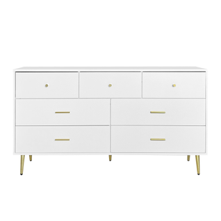 Commode Blanche à 7 Tiroirs 140x35x76 Cm, Poignées Et 5 Pieds Métalliques Dorés