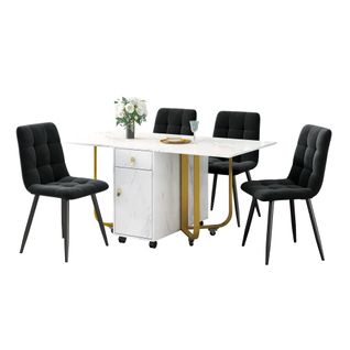 Ensemble Table Et Chaises, Table à Manger Avec Pieds Métal Doré Et 4 Chaises En Velours Noir