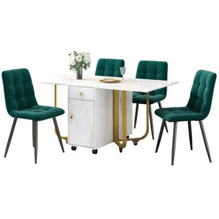 Ensemble Table Et Chaises, Table à Manger Avec Pieds Métal Doré Et 4 Chaises En Velours Vert