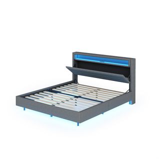 Lit Adulte 140x200 Cm, Tête De Lit Rabattable Et LED, Avec Sommier à Lattes, En Lin, Gris