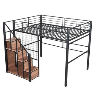 Lit Mezzanine  Enfant 140x200 Cm, Rangement Intégré Et Échelle, En Métal, Noir