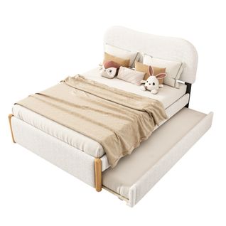 Lit Adulte 140x200 Cm Avec Lit Gigogne 91x191 Cm, Tête De Lit Minimaliste, En Tissu, Blanc