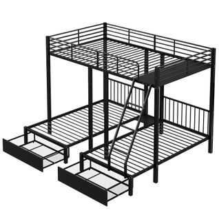 Lit Superposé 140x200 Cm Et 2x90x200 Cm, Avec 2 Tiroirs, En Métal, Noir