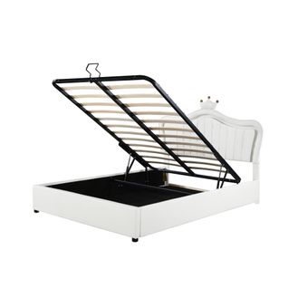 Lit Coffre Enfant 140x200 Cm, Tête De Lit Princesse Et LED, En Simili Cuir, Blanc