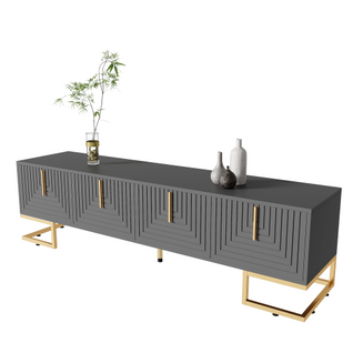 Meuble TV 170 Cm, Mat, Avec 4 Portes, Étagères Intégrées, Poignées Et Pieds Dorés, Gris