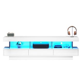 Meuble TV 160 Cm, Brillante, Avec 3 Tiroirs Et Étagères, Avec LED, Blanc