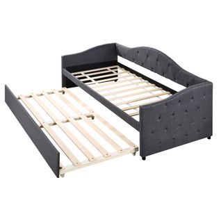 Lit Enfant 90x200 Cm, Avec Lit Gigogne 90x190 Cm, En Lin, Gris