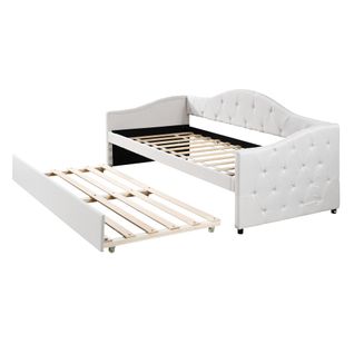 Lit Enfant 90x200 Cm, Avec Lit Gigogne 90x190 Cm, En Lin, Beige