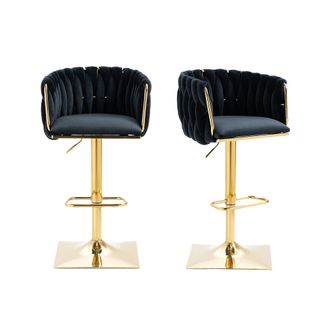 Lot De 2 Tabouret De Bar 360° Réglable, Dossier Tressé, Assise En Velours, Pieds Métal Doré, Noir