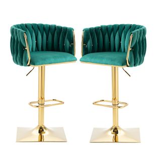 Lot De 2 Tabouret De Bar 360° Réglable, Dossier Tressé, Assise En Velours, Pieds Métal Doré, Vert