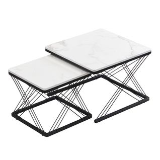 Lot De 2 Tables Basses Carrées Noir Et Blanc, Plateau Effet Marbre Brillant, Pieds Réglables