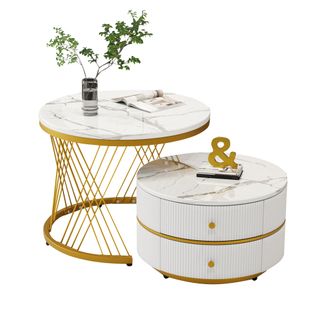 Lot De 2 Tables Basses Rondes Blanches 60x60x46 Et 50x50x30,8 Cm, 2 Tiroirs, Effet Marbre Brillant
