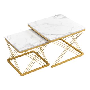 Lot De 2 Tables Basses Carrées Or Et Blanc Effet Marbre Haut Brillant, Pieds Réglables