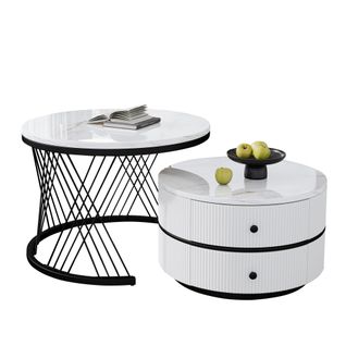 Lot De 2 Tables Basses Rondes Blanches Gigognes, Effet Marbre Haut Brillant, 2 Tiroirs