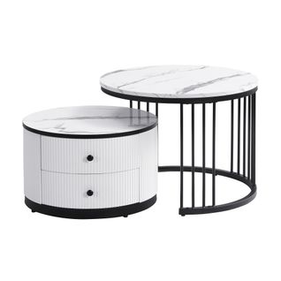 Lot De 2 Tables Basses Rondes Blanc Et Noir, Plateau Effet Marbre Brillant, 2 Tiroirs