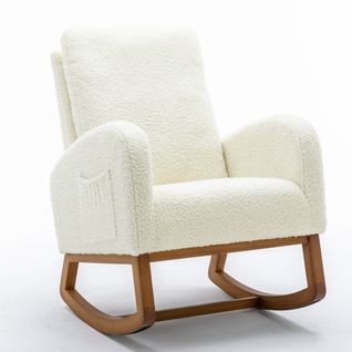 Fauteuil à Bascule, Dossier Haut Rembourré, Poches Latérales, Pieds En Bois, Teddy Blanc