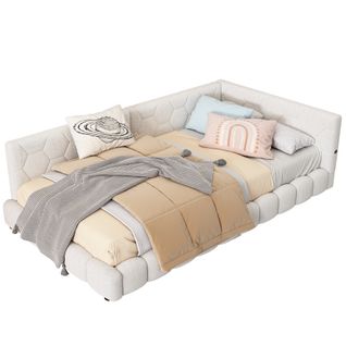 Lit Enfant 90x200 Cm, LED 16 Couleurs Et Ports USB Et Type-c, Avec Lattes, En Velours, Blanc