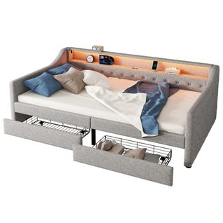 Lit Enfant 90x200 Cm, Avec 2 Tiroirs Et Sommier à Lattes, LED Télécommandée, En Lin, Gris