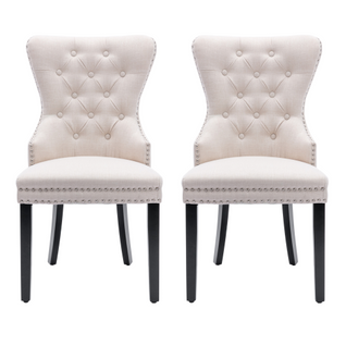 Lot De 2 Chaises De Salle à Manger En Lin Capitonné Avec Clous, Pieds En Bois D'hévéa, Beige