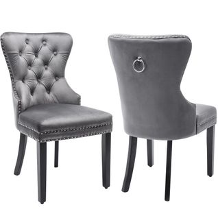 Lot De 2 Chaises De Salle à Manger, Velours Capitonné, Clous Et Anneau Chromé, Gris