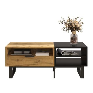 Table Basse Noir Et Bois Naturel Avec Rangements Et Tiroirs