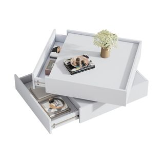 Table Basse Carrée Rotative 360° Blanche Avec 2 Tiroirs Et Rangement