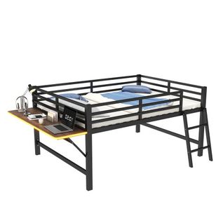 Lit Mi-haut 140x200 Cm Avec Bureau Rabattable Et Éclairage LED, En Métal, Noir